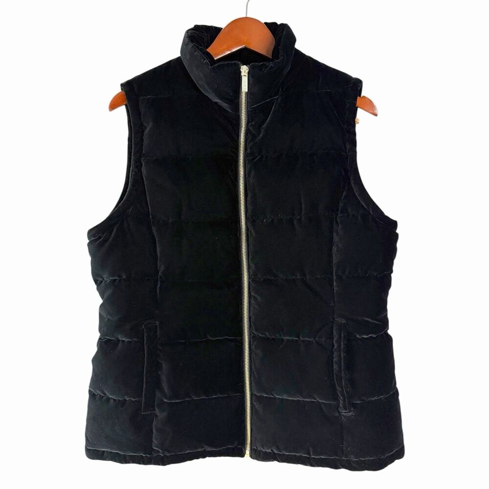 Calvin Klein Black Velvet Puffer Vest XL Gold Zipper Velour Quilted Sleeveless